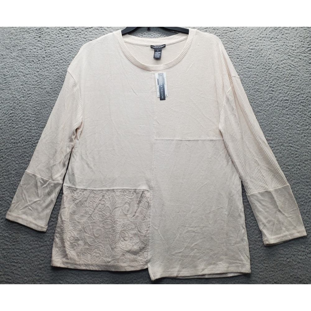 Chelsea & Theodore Tunic Top Womens XL Tan Fuzzy Blush Lace Patch Hem Pullover